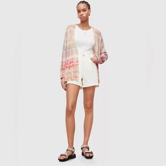 Allsaints Marea Tie Dye Cardigan Sweater Merino Wool Rainbow Pink Cream New M - Picture 14 of 16